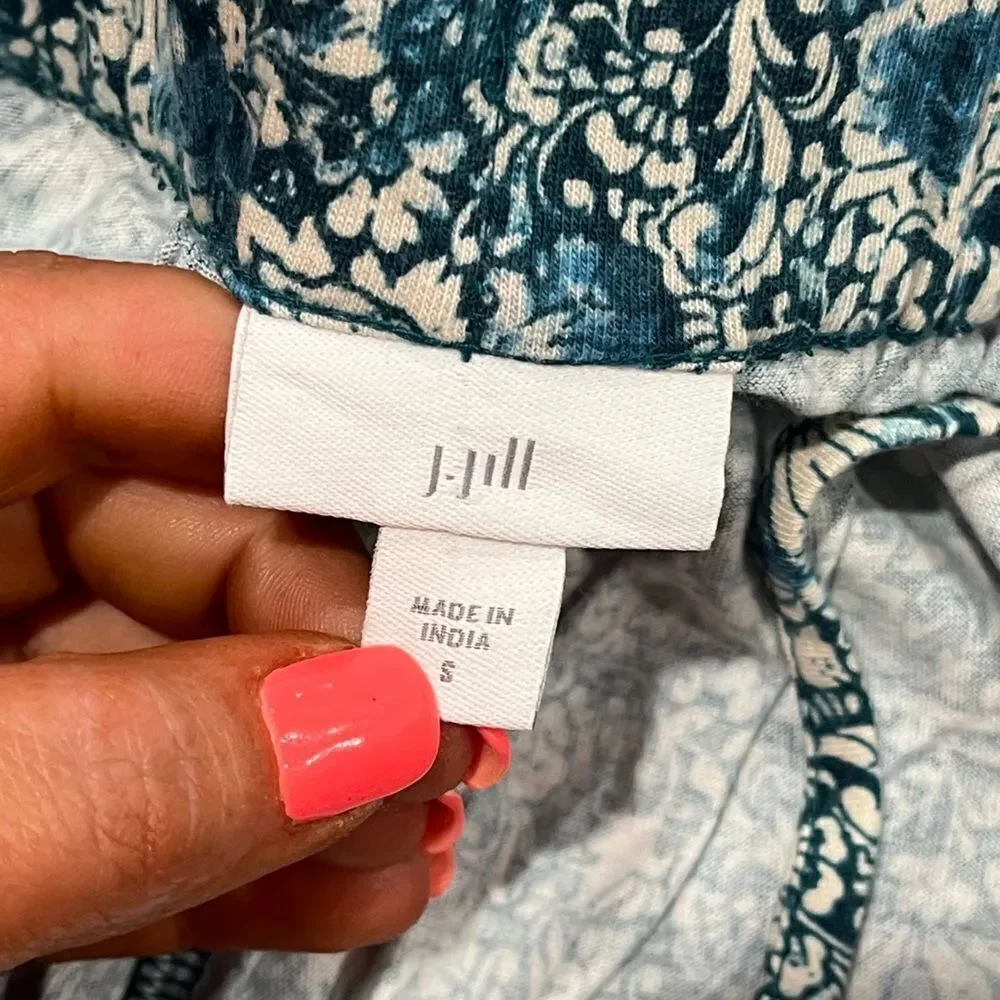 NWOT J. Jill Jogger Pants Floral High Rise Elastic Waist Blue White Size S